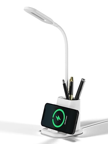 Xech Table Lamp Wireless Charger Pen Stand with Charging Ports Fast 15W Wireless Charging 2 Colour Lighting Touch Lamp USB C Powered Desk Lamps for Home Offices Study (QuestPRO) (White)