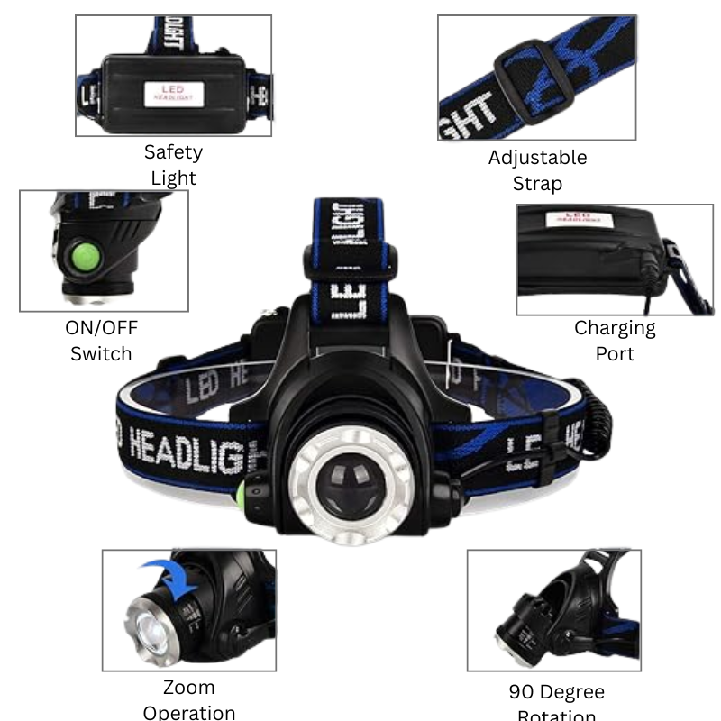 USB Rechargeable LED Headlamp Torch – High Lumen, Zoomable & Waterproof (3 Modes)